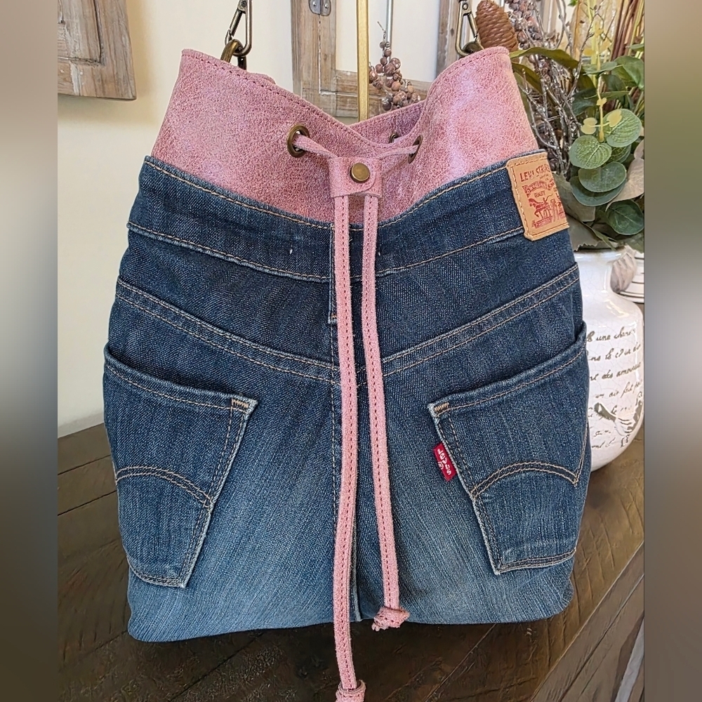 Vera Pelle Made In Italy Levi Strauss Jeans Boho Chic Bag With Pink Vegan Trim